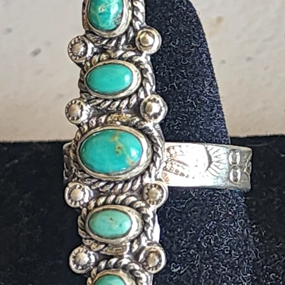 Elegant Long Turquoise Sterling Silver Adjustable Ring Size 8 And Up Cowgirl - Picture 6 of 6